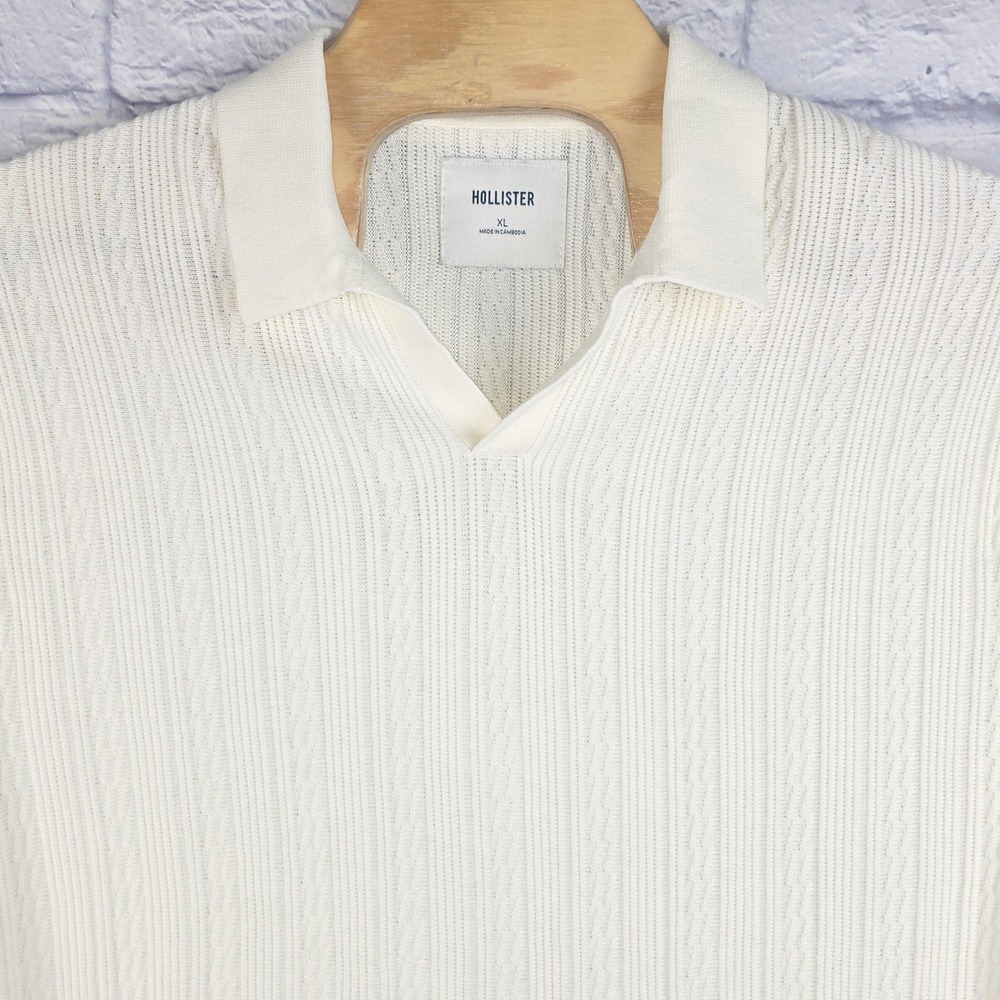 Hollister Men Button Short Sleeve Sweater Polo Cream Cable Knit Shirt Size XL